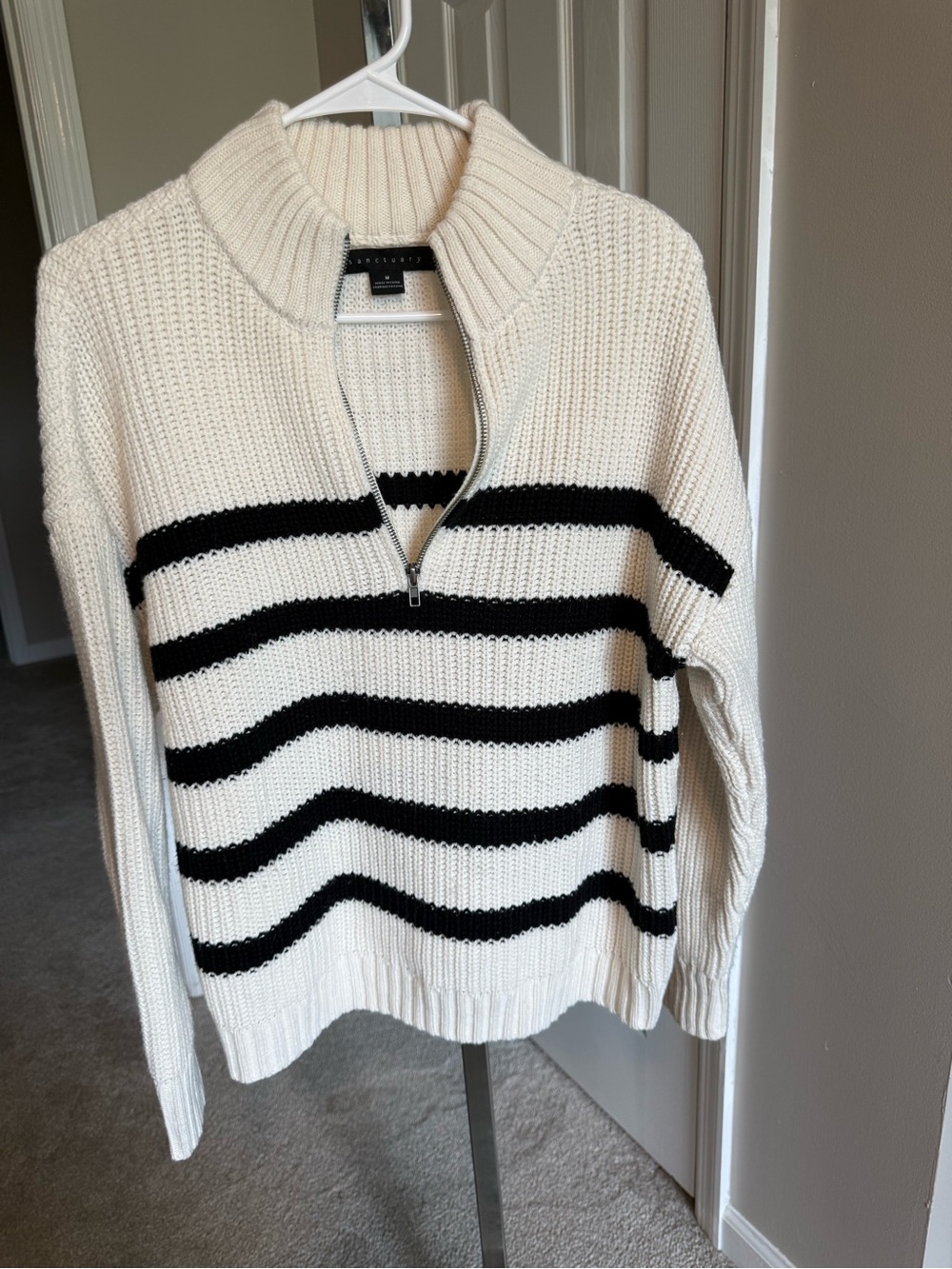 Sanctuary Cream and Black Striped Half-Zip V-Neck Sweater